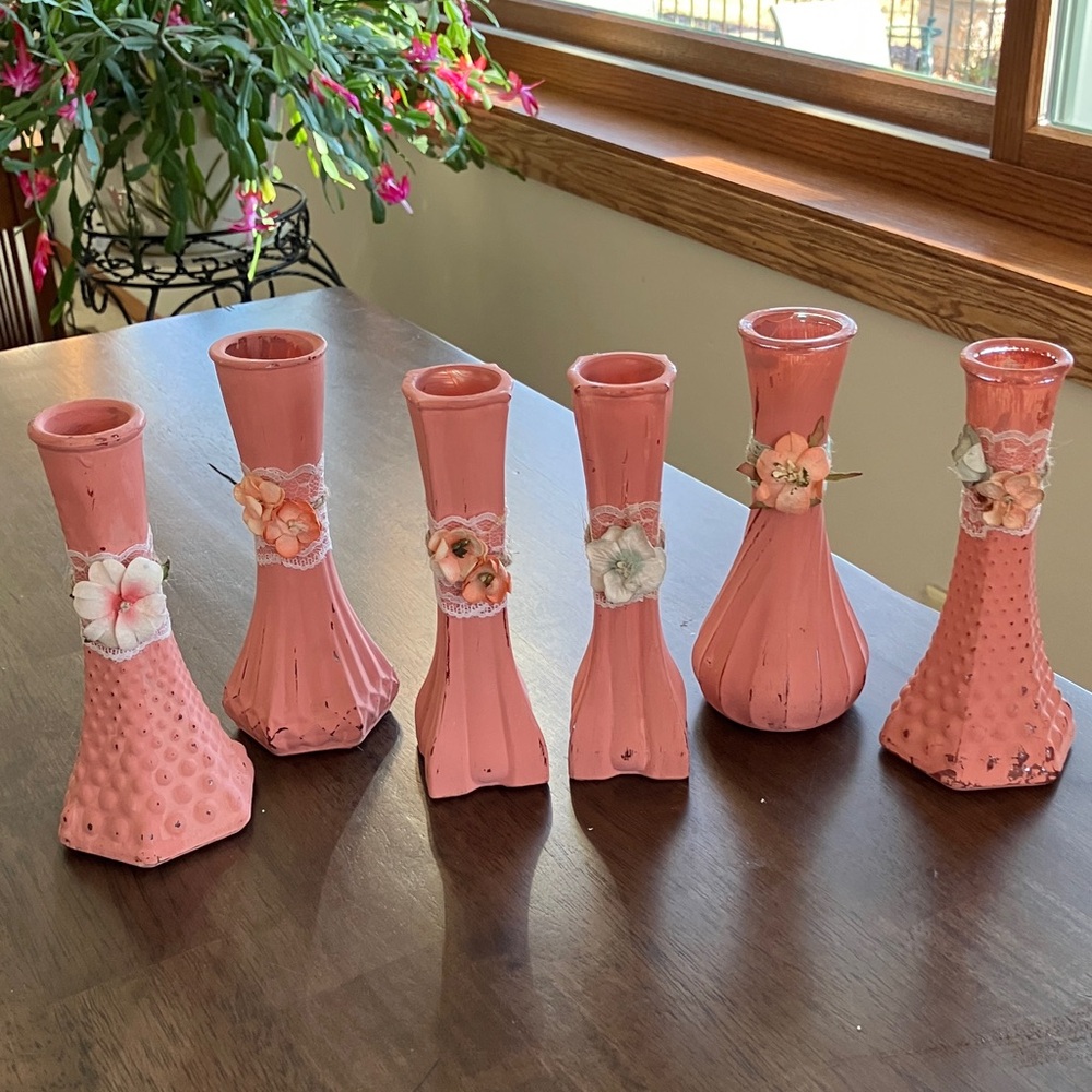 Cottage decorative pink glass vases set of 6